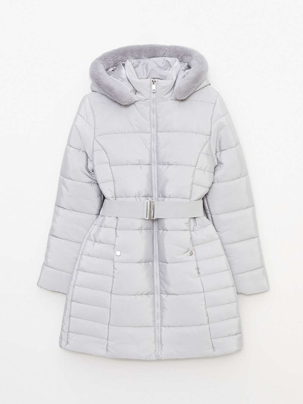 Gri Kadın Kapüşonlu Düz Şişme Mont-6