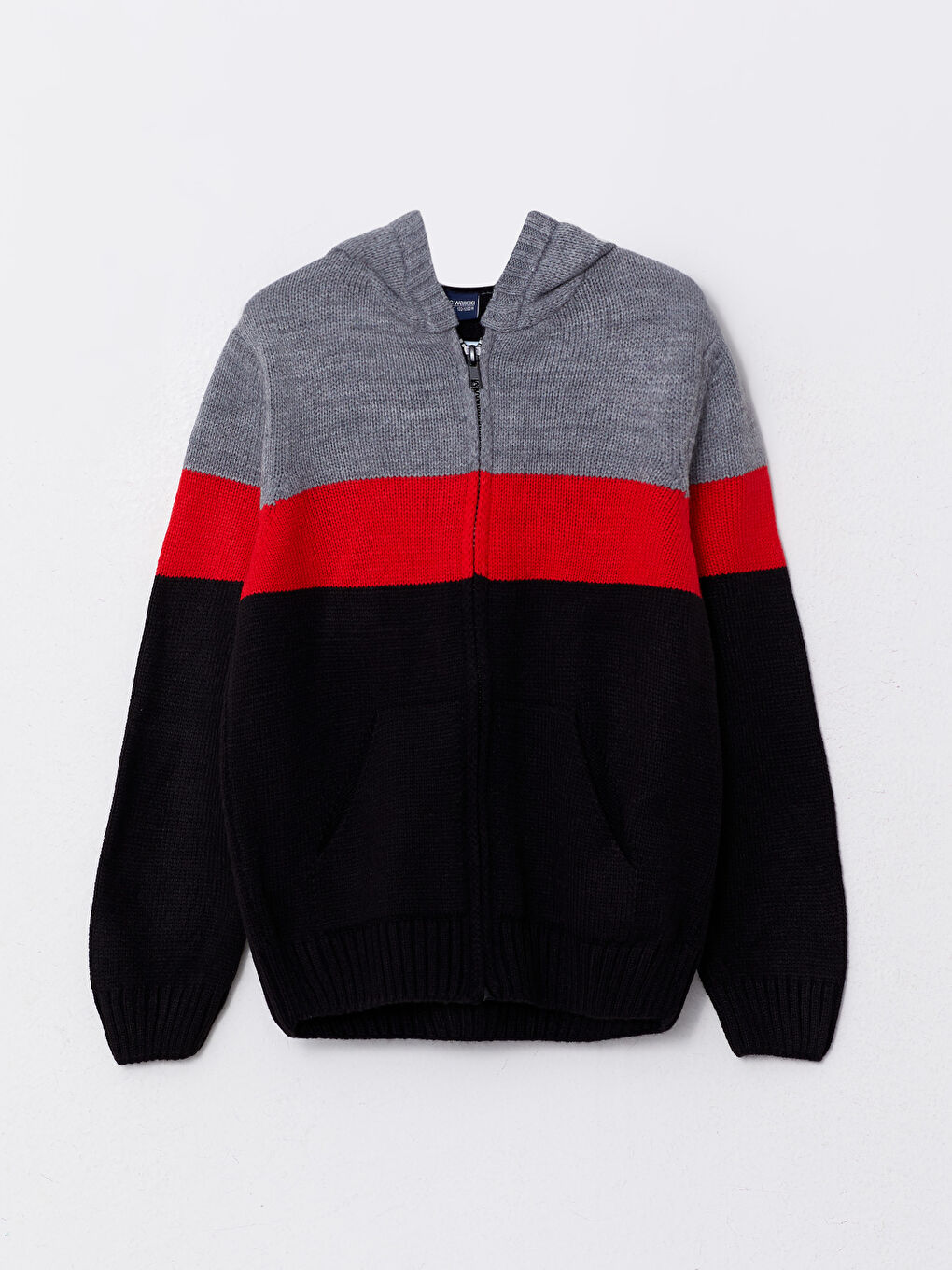 Kırmızı Kapüşonlu Renk Bloklu Uzun Kollu Erkek Çocuk Triko Hırka