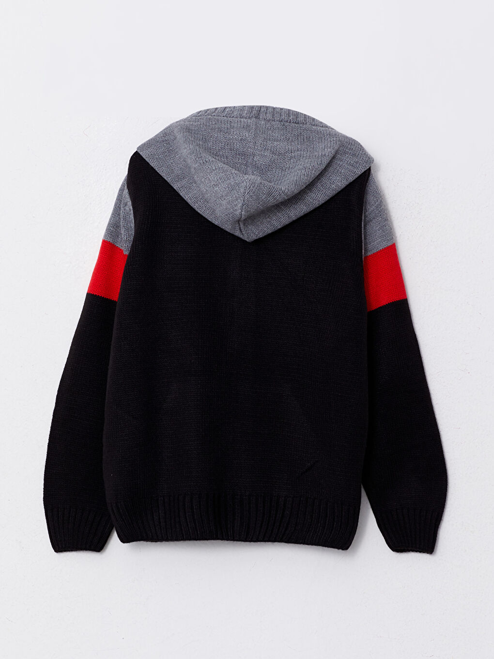 Kırmızı Kapüşonlu Renk Bloklu Uzun Kollu Erkek Çocuk Triko Hırka-1