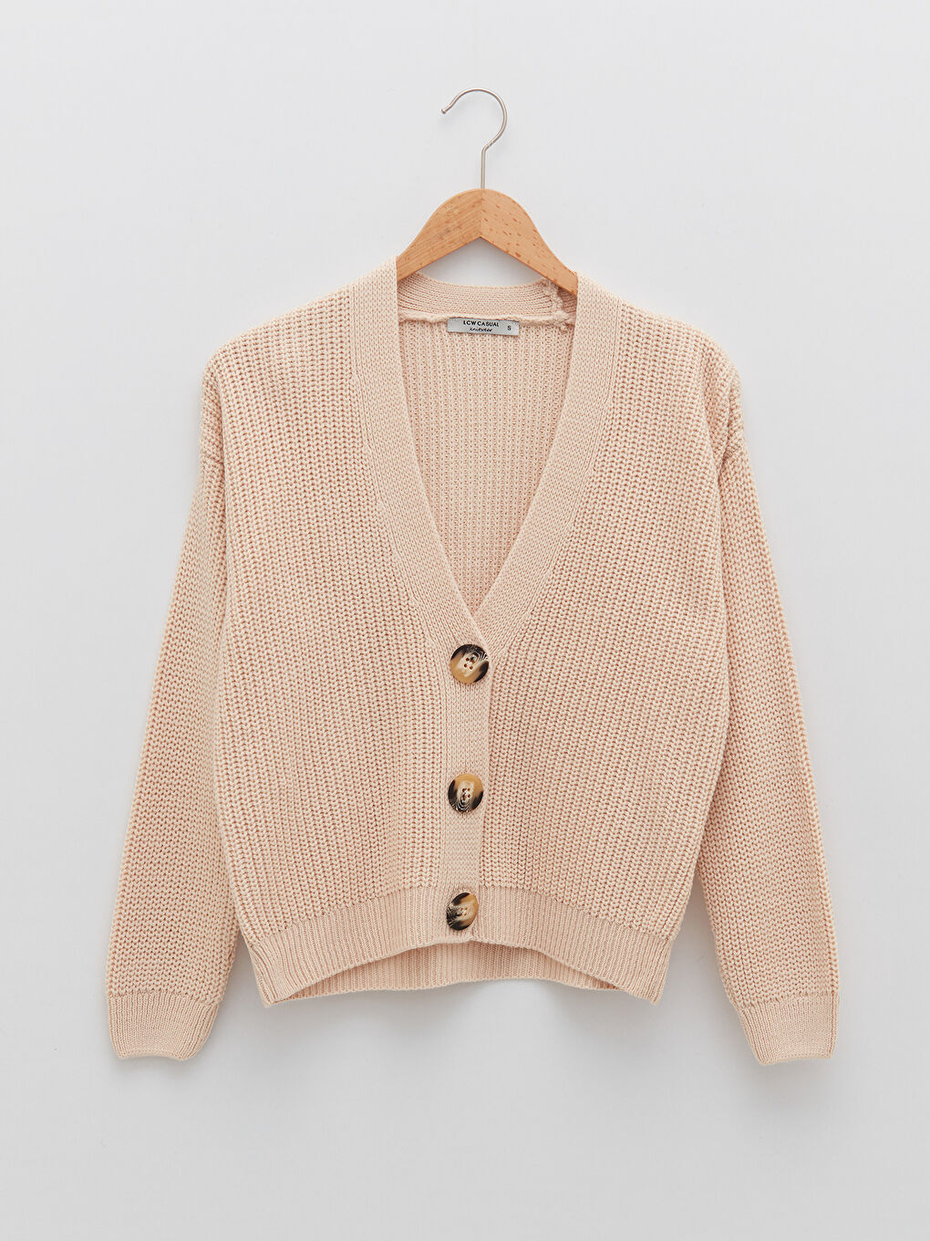 Ekru V Yaka Kadın Triko Hırka-4