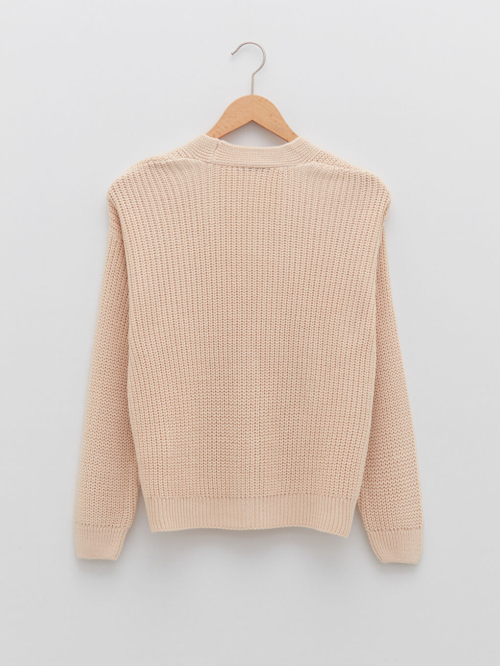 Ekru V Yaka Kadın Triko Hırka-5