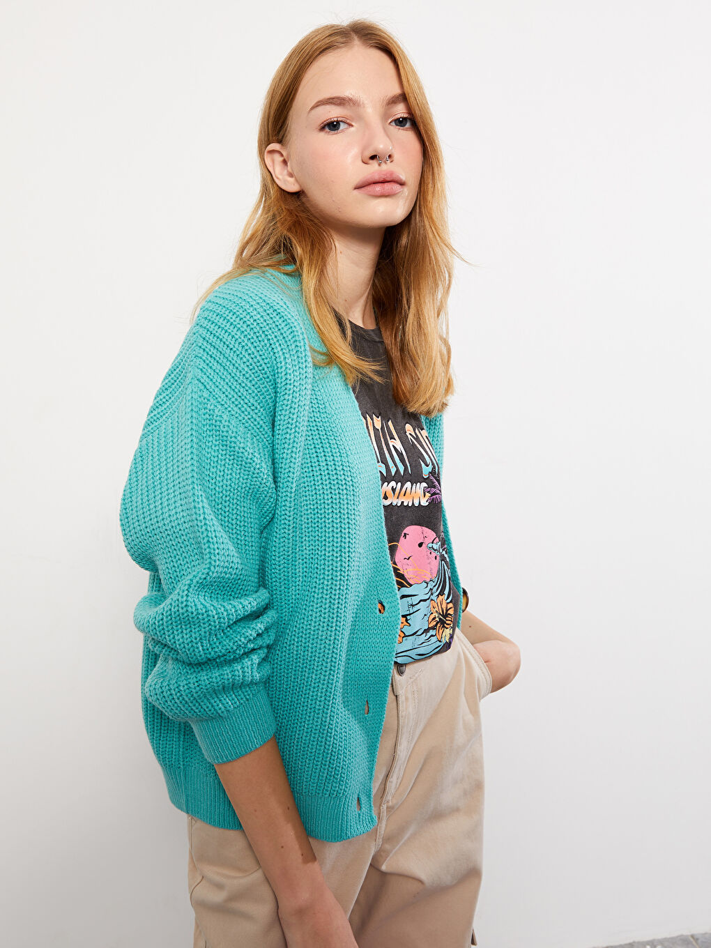 Turkuaz V Yaka Kadın Triko Hırka