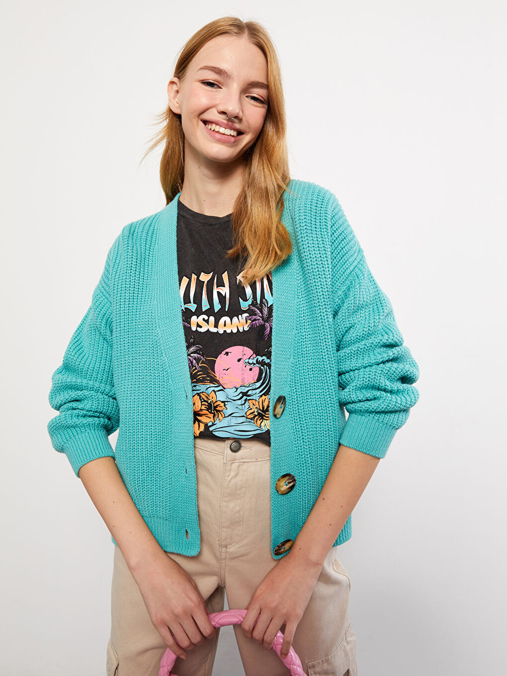 Turkuaz V Yaka Kadın Triko Hırka-1