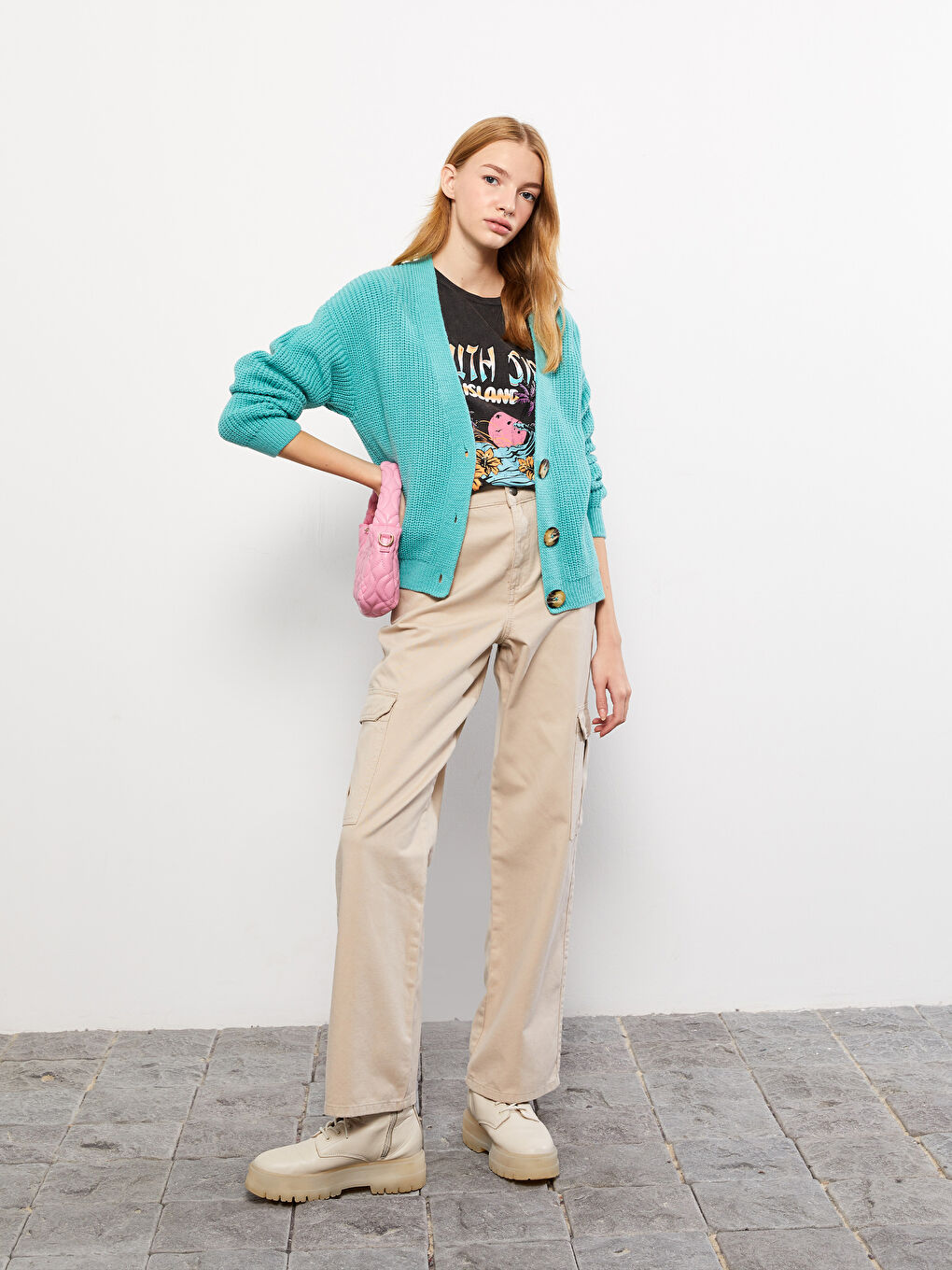 Turkuaz V Yaka Kadın Triko Hırka-2