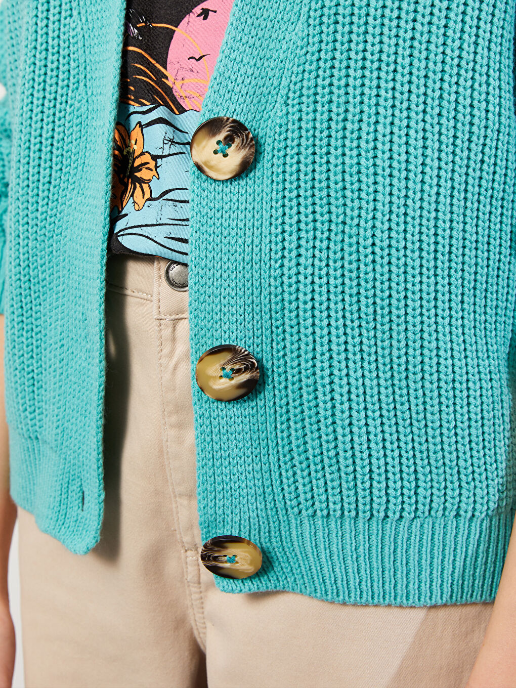 Turkuaz V Yaka Kadın Triko Hırka-3