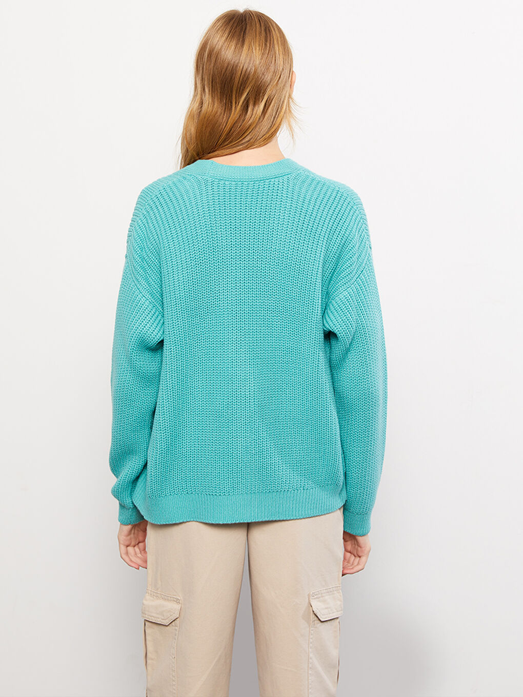 Turkuaz V Yaka Kadın Triko Hırka-4