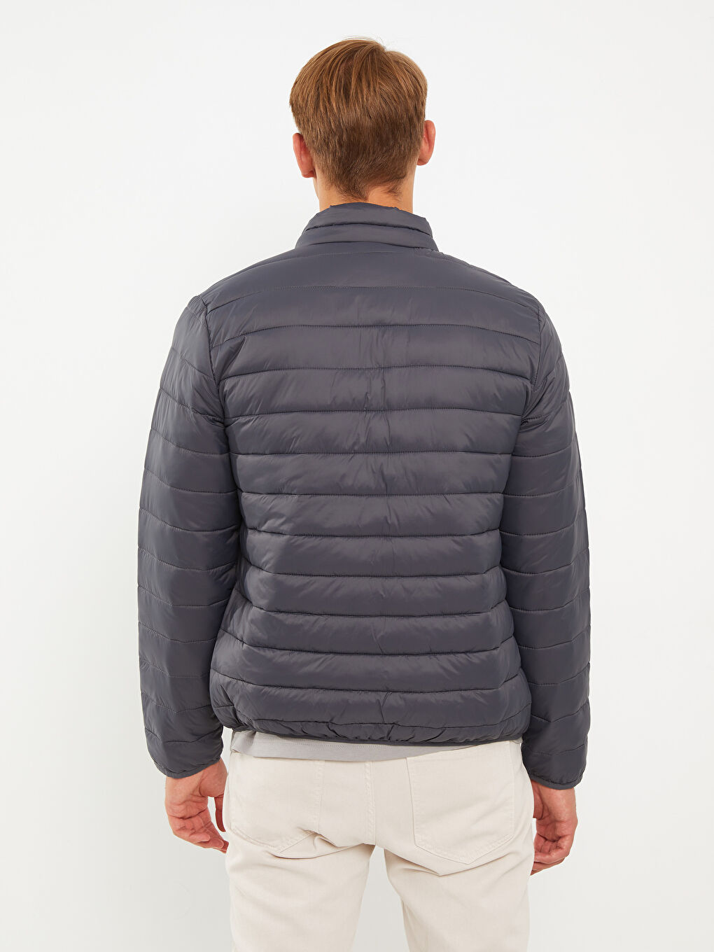 Gri Standart Kalıp Dik Yaka Erkek Şişme Mont-4