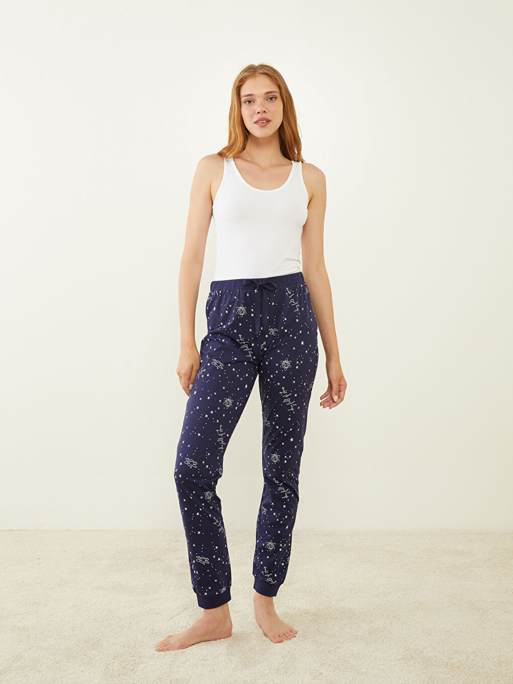 Lacivert Beli Lastikli Desenli Pamuklu Kadın Jogger Pijama Altı-1