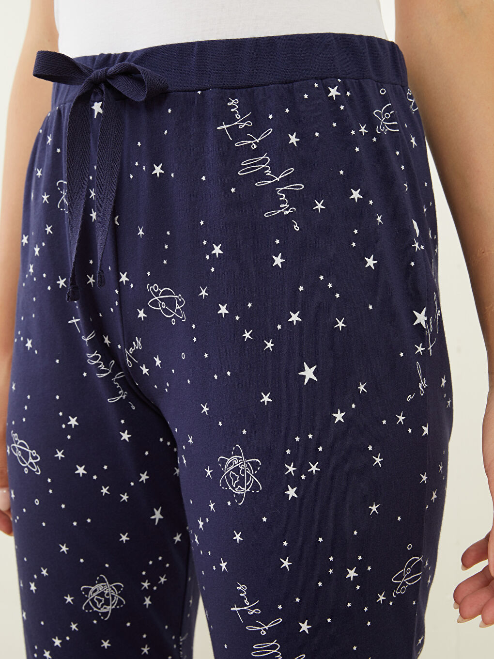 Lacivert Beli Lastikli Desenli Pamuklu Kadın Jogger Pijama Altı-2