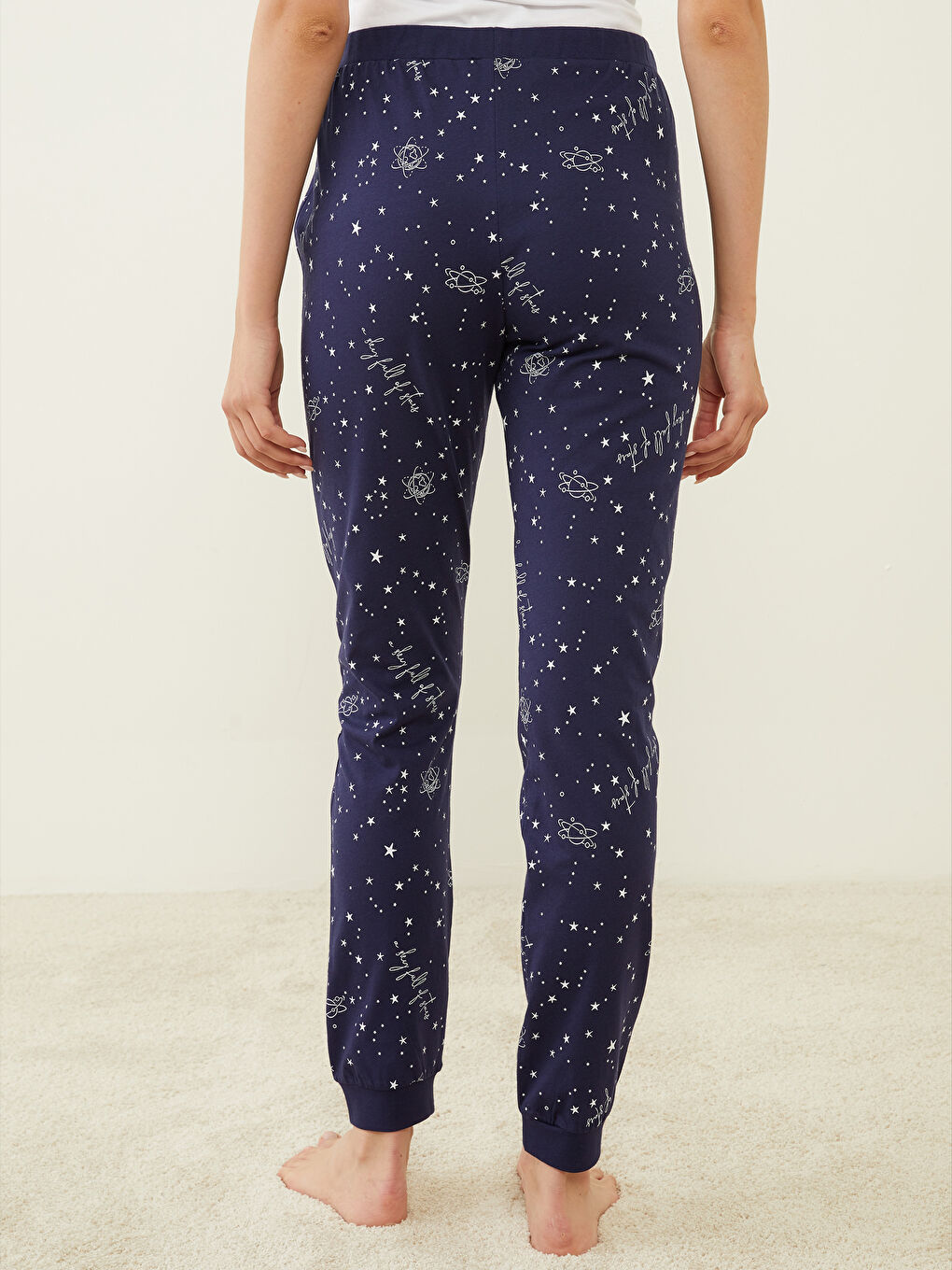 Lacivert Beli Lastikli Desenli Pamuklu Kadın Jogger Pijama Altı-4