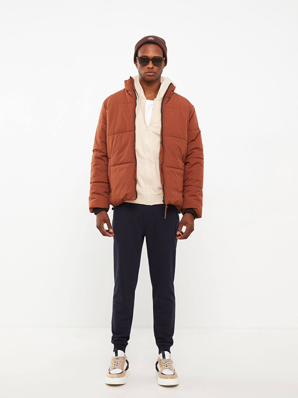 Kırmızı Rahat Kalıp Dik Yaka Erkek Şişme Mont-1