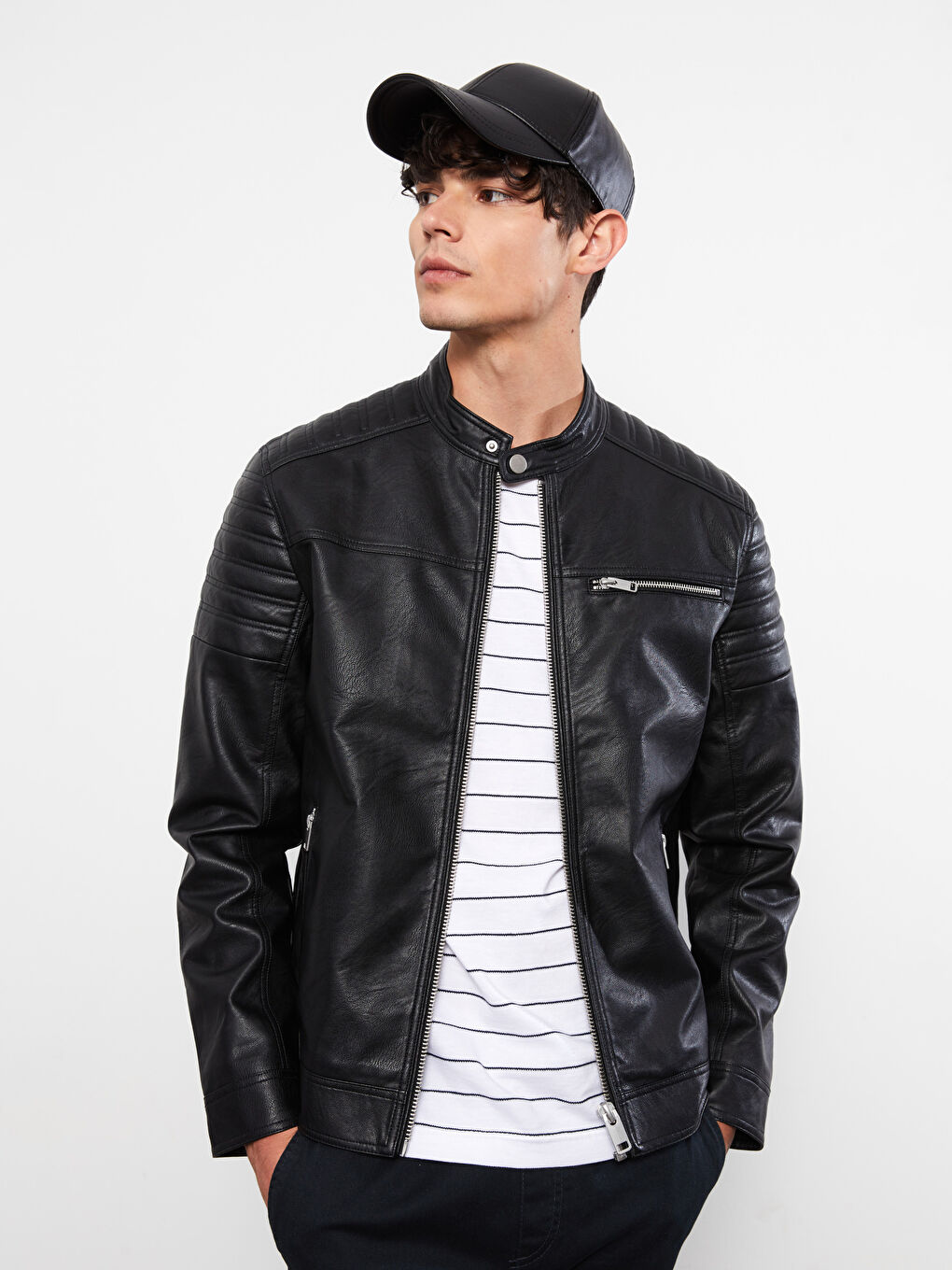 Slim Fit Funnel Neck Men's Faux Leather Coat