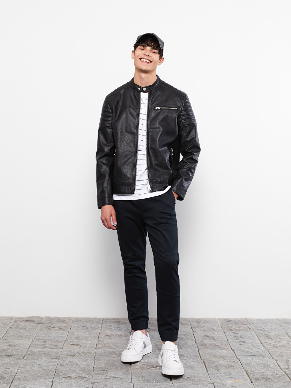 Slim Fit Funnel Neck Men's Faux Leather Coat-1