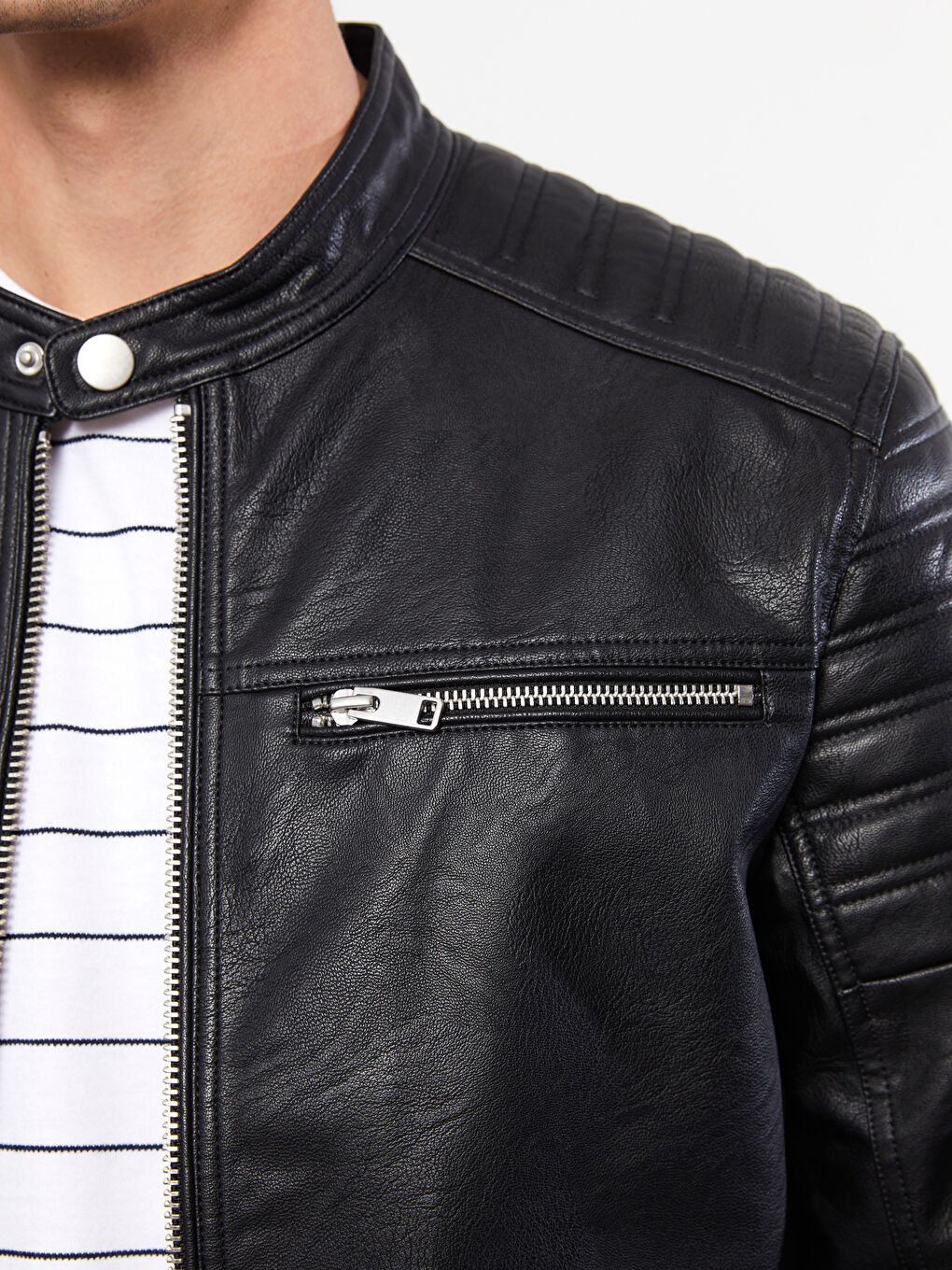 Slim Fit Funnel Neck Men's Faux Leather Coat-2