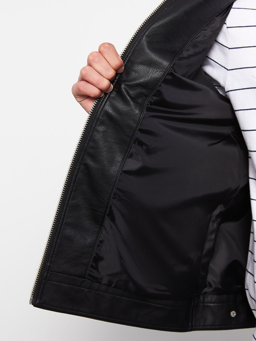 Slim Fit Funnel Neck Men's Faux Leather Coat-3