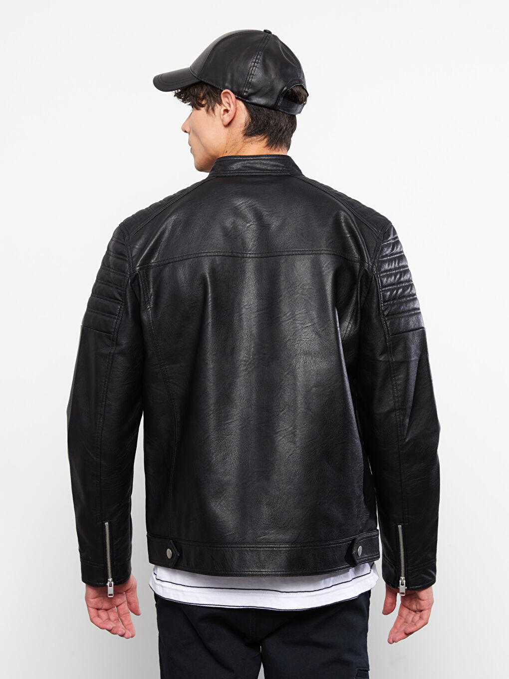 Slim Fit Funnel Neck Men's Faux Leather Coat-4