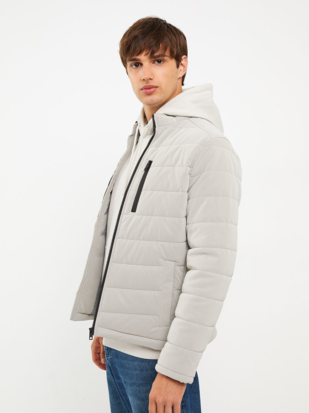 Bej Standart Kalıp Dik Yaka Erkek Deri Görünümlü Mont