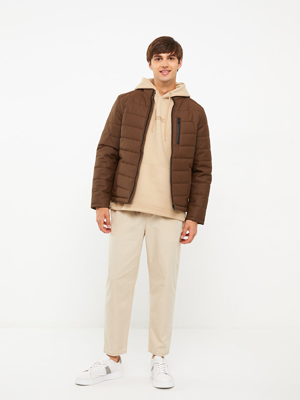 Kahverengi Standart Kalıp Dik Yaka Erkek Deri Görünümlü Mont-1