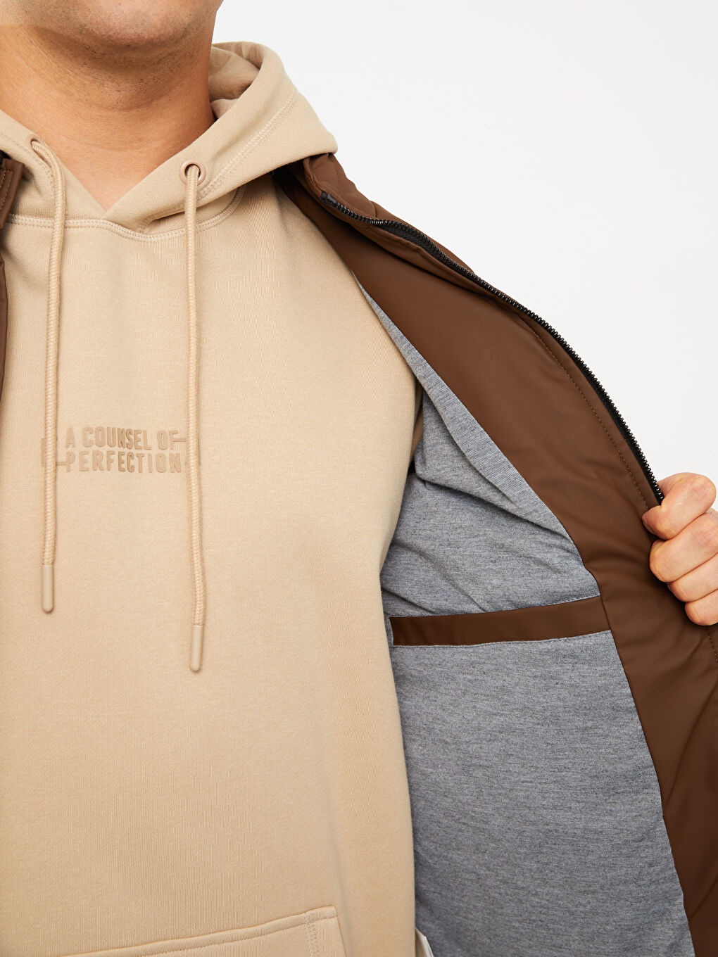 Kahverengi Standart Kalıp Dik Yaka Erkek Deri Görünümlü Mont-3