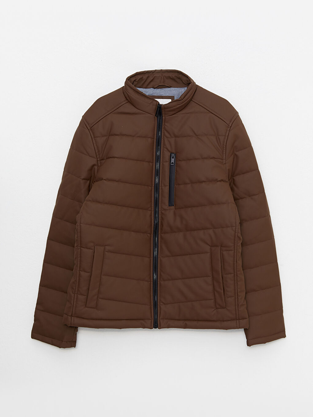 Kahverengi Standart Kalıp Dik Yaka Erkek Deri Görünümlü Mont-5