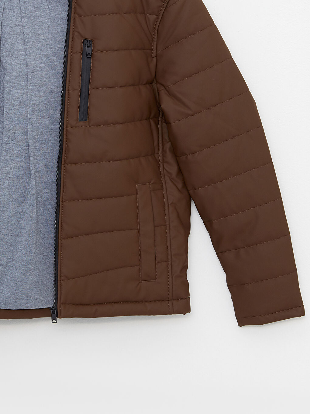 Kahverengi Standart Kalıp Dik Yaka Erkek Deri Görünümlü Mont-7