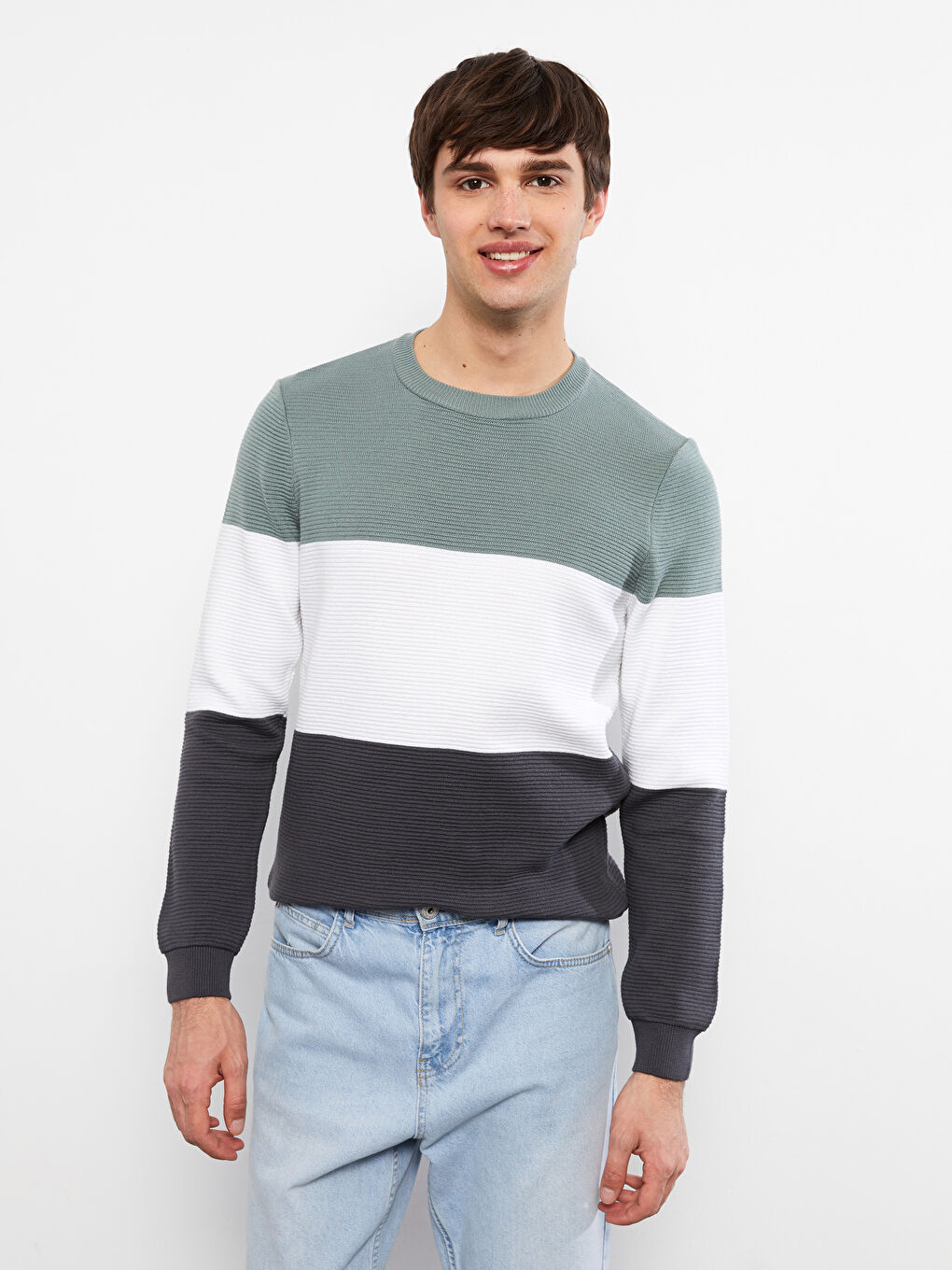 Yeşil Bisiklet Yaka Uzun Kollu Renk Bloklu Erkek Triko Kazak-1