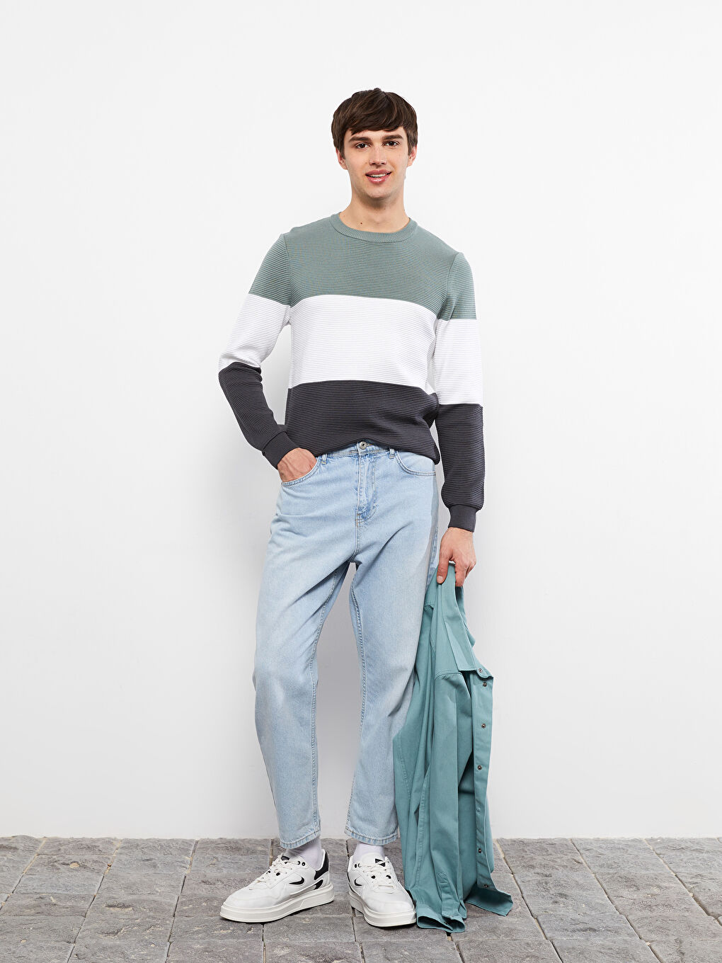 Yeşil Bisiklet Yaka Uzun Kollu Renk Bloklu Erkek Triko Kazak-2