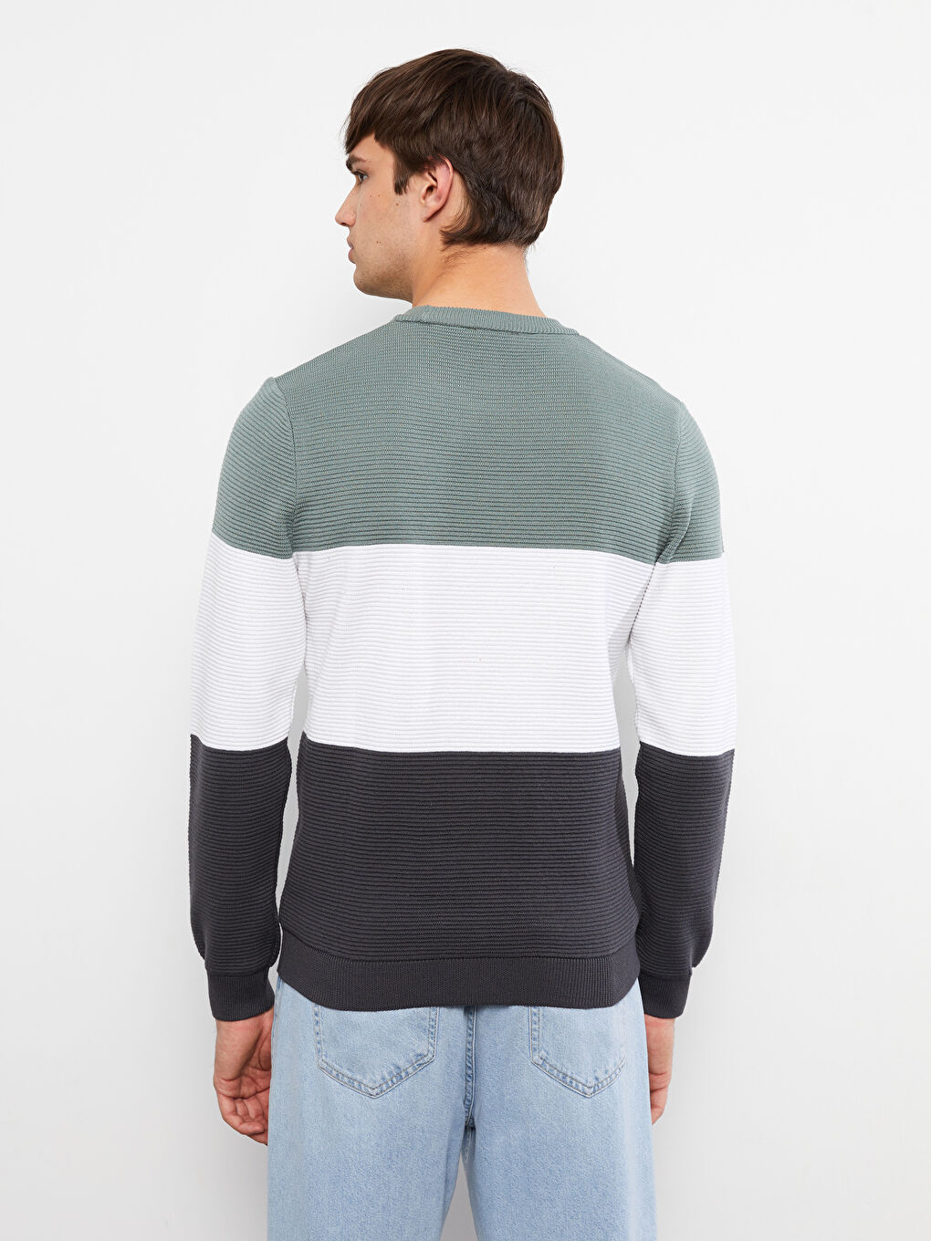 Yeşil Bisiklet Yaka Uzun Kollu Renk Bloklu Erkek Triko Kazak-4