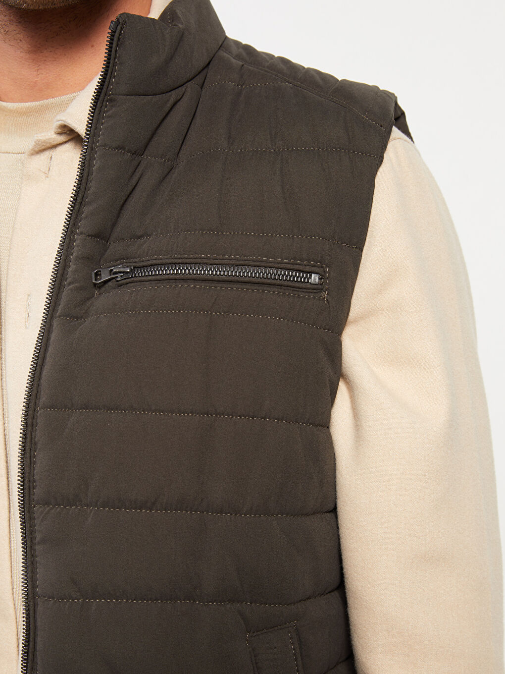 Haki Standart Kalıp Dik Yaka Erkek Yelek-2