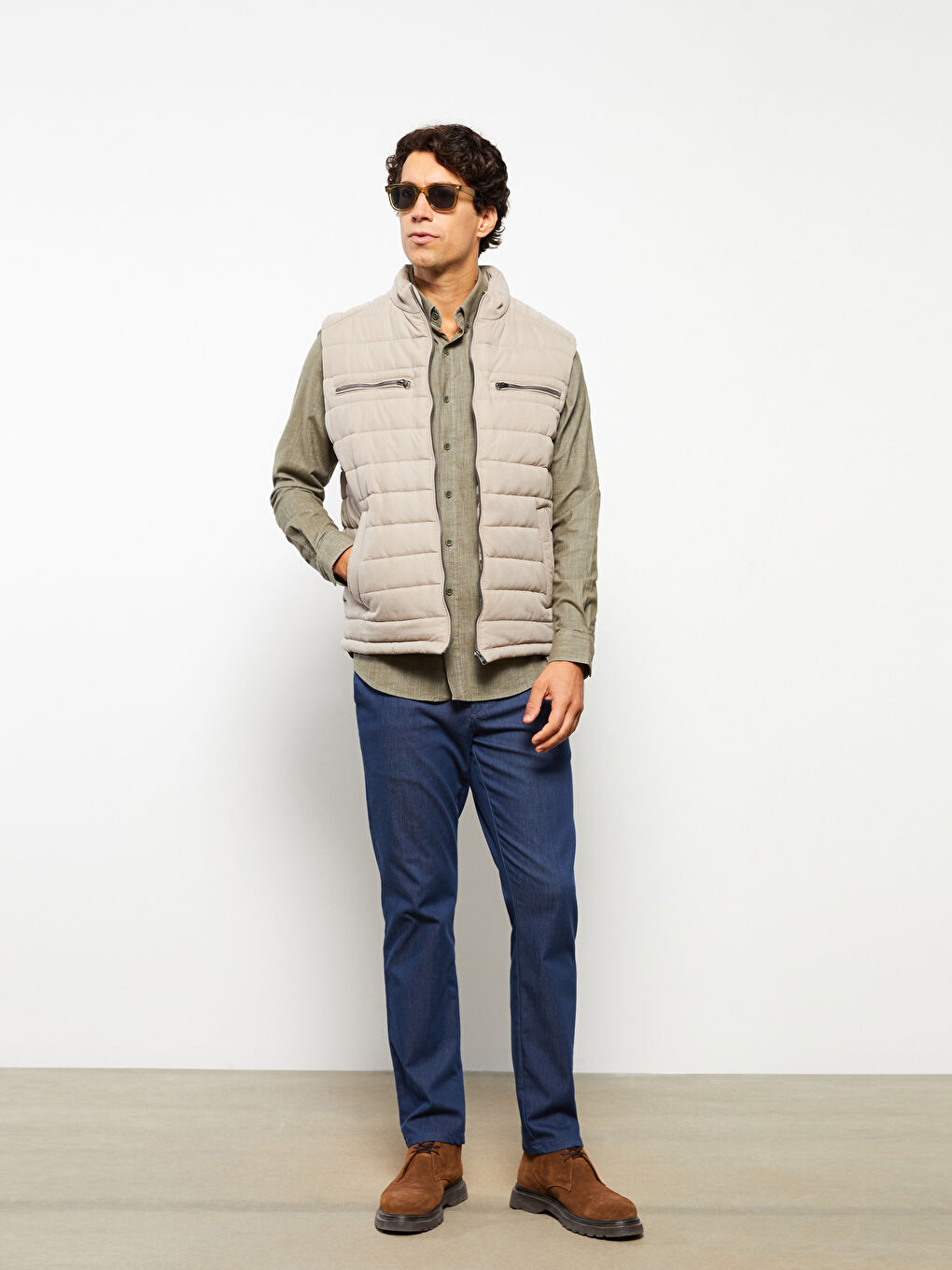 Bej Standart Kalıp Dik Yaka Erkek Yelek