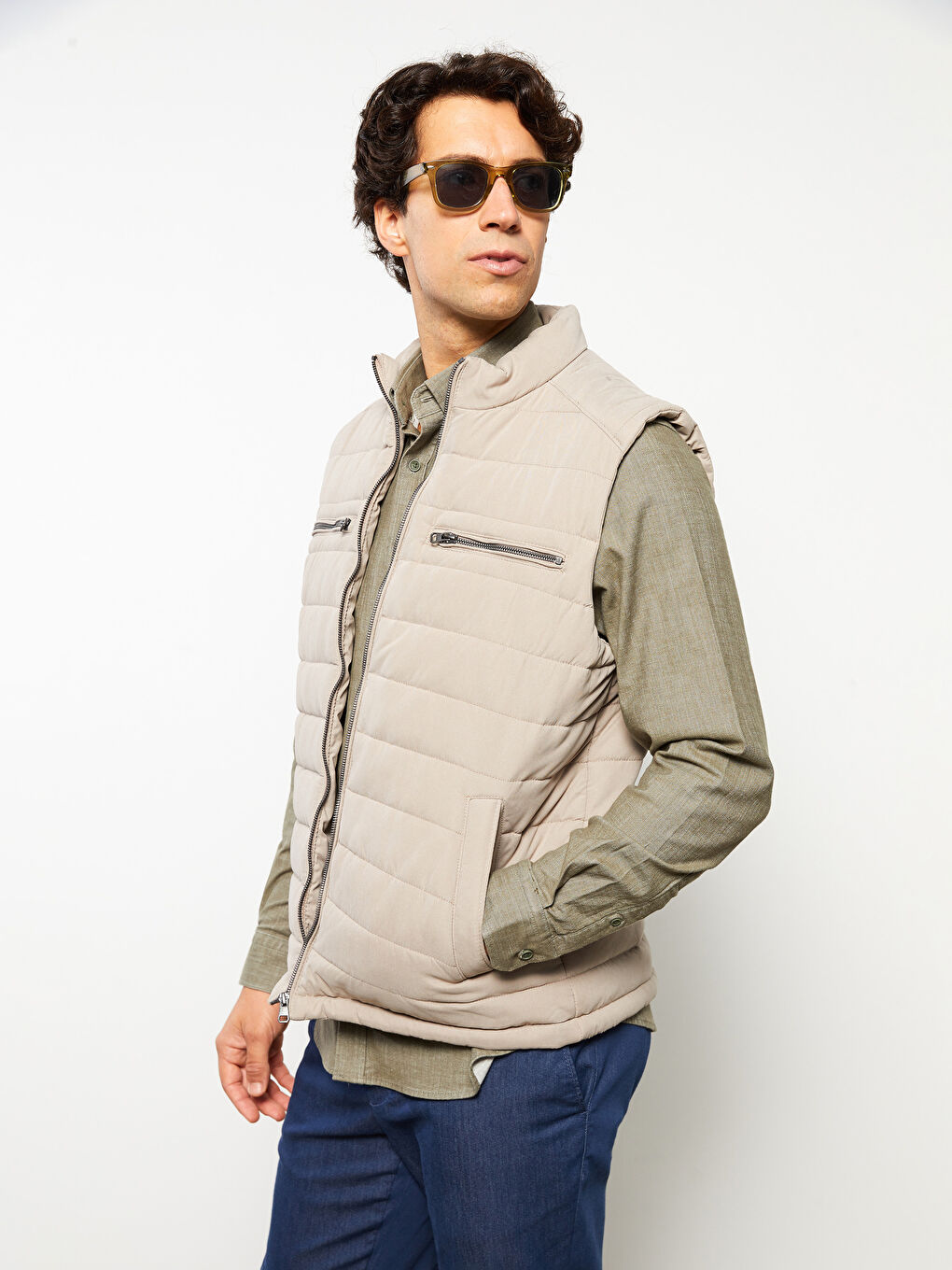 Bej Standart Kalıp Dik Yaka Erkek Yelek-2