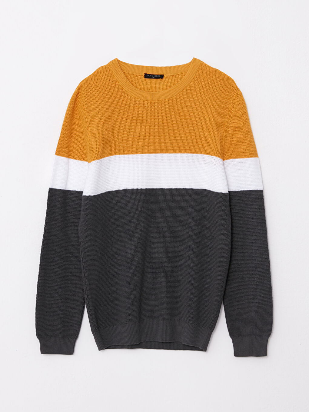 Sarı Bisiklet Yaka Uzun Kollu Renk Bloklu Erkek Triko Kazak-5