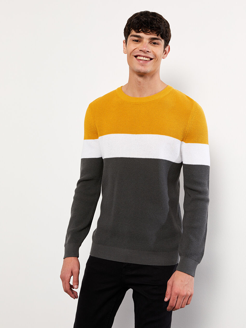 Sarı Bisiklet Yaka Uzun Kollu Renk Bloklu Erkek Triko Kazak