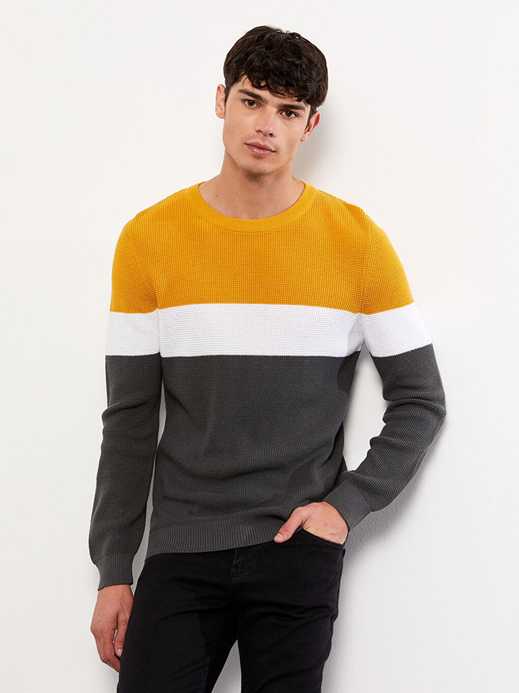 Sarı Bisiklet Yaka Uzun Kollu Renk Bloklu Erkek Triko Kazak-1