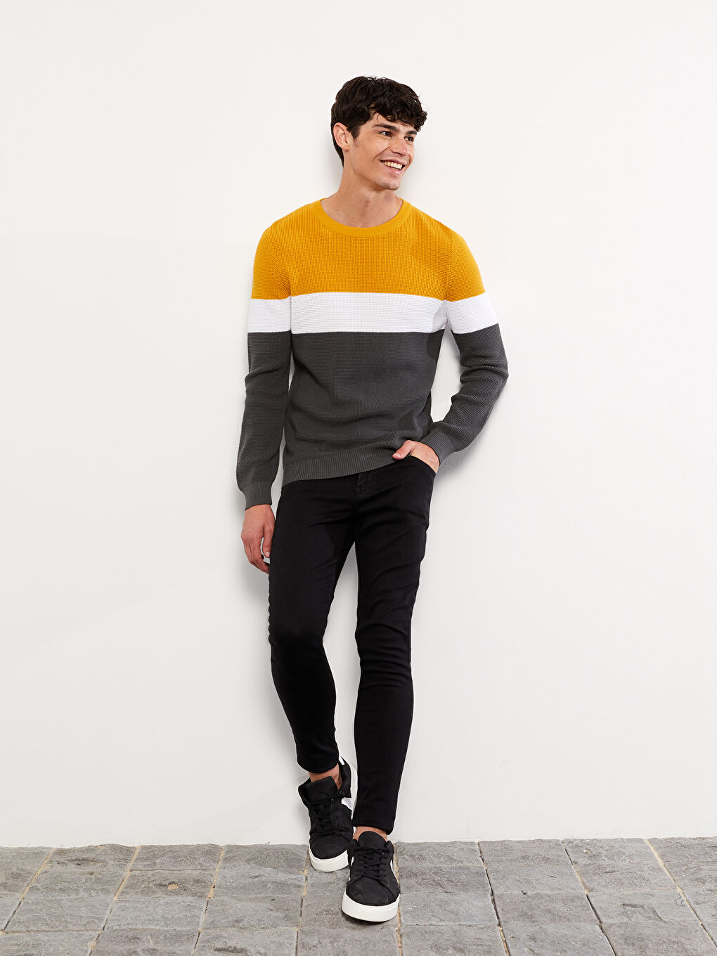 Sarı Bisiklet Yaka Uzun Kollu Renk Bloklu Erkek Triko Kazak-2