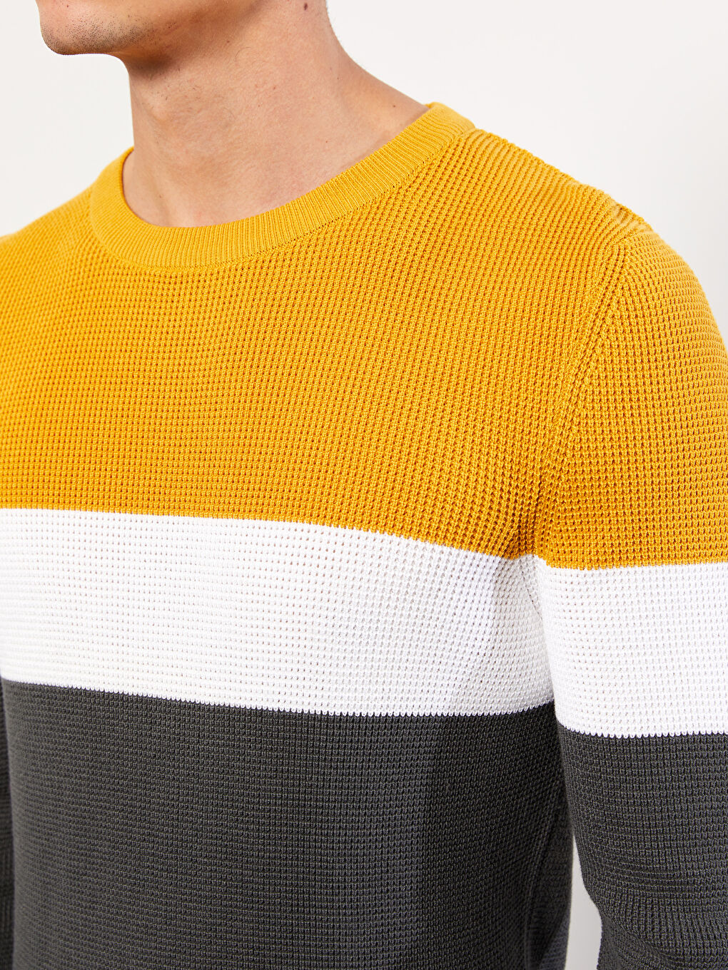 Sarı Bisiklet Yaka Uzun Kollu Renk Bloklu Erkek Triko Kazak-3