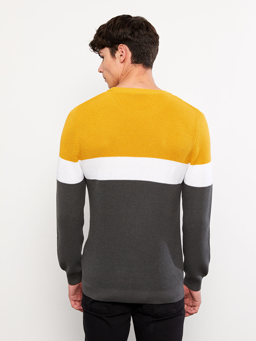 Sarı Bisiklet Yaka Uzun Kollu Renk Bloklu Erkek Triko Kazak-4