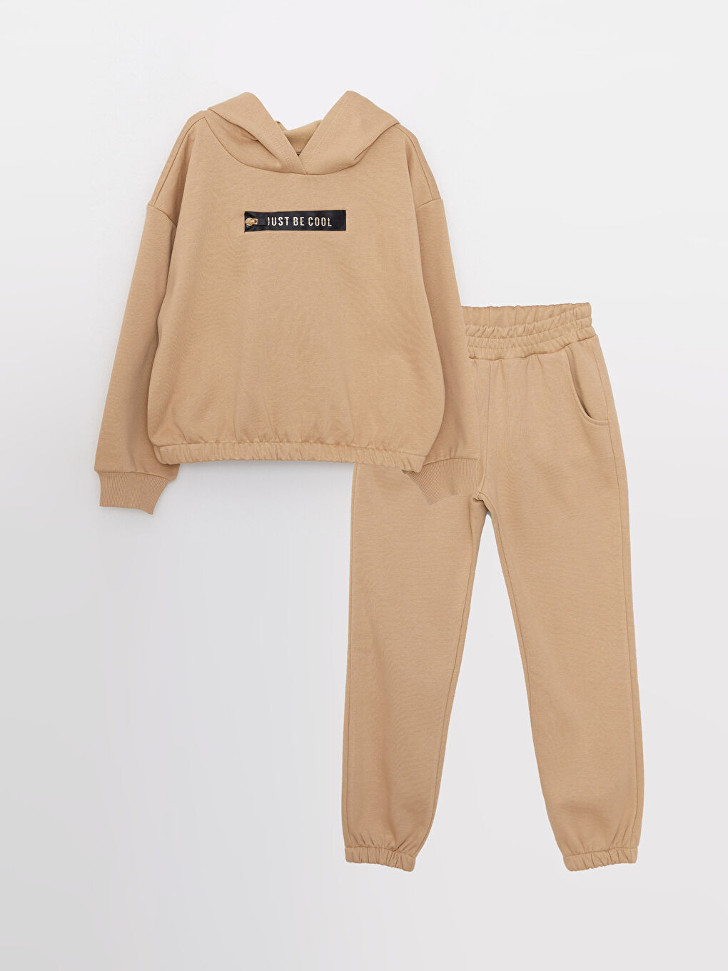 Bej Kapüşonlu Baskılı Uzun Kollu Kız Çocuk Sweatshirt ve Eşofman Altı