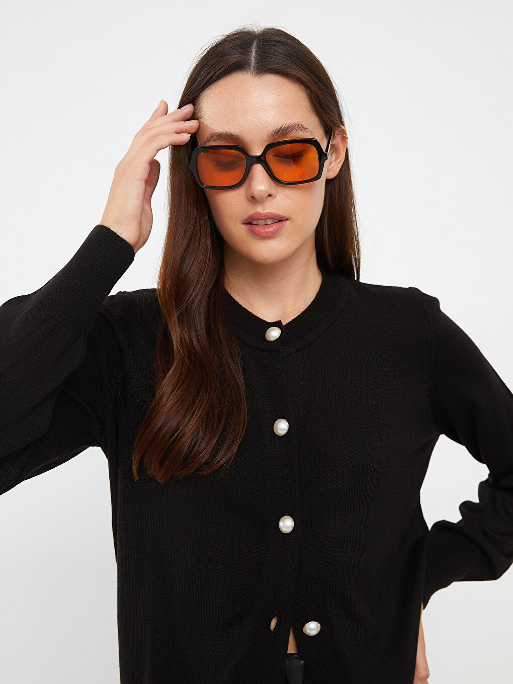 Siyah Bisiklet Yaka Düz Uzun Kollu Kadın Triko Hırka-2