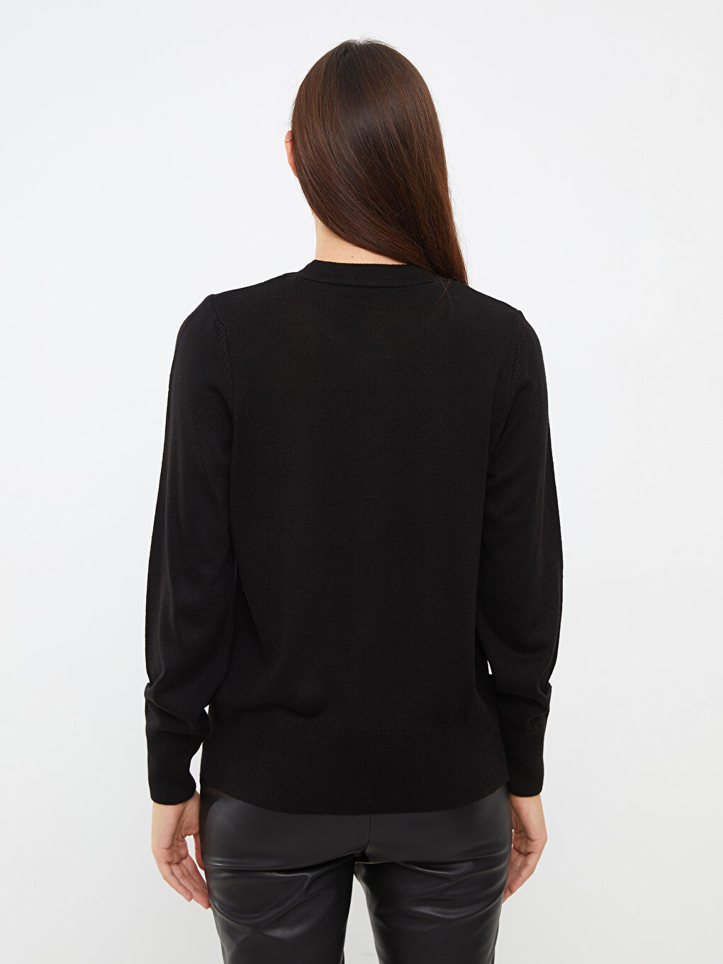 Siyah Bisiklet Yaka Düz Uzun Kollu Kadın Triko Hırka-4