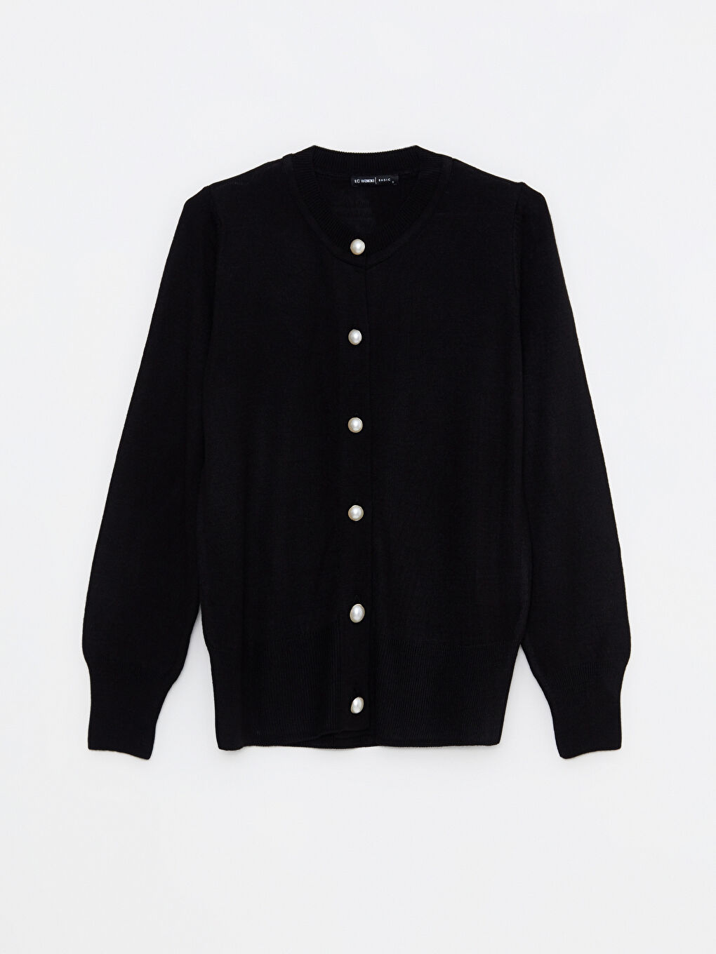 Siyah Bisiklet Yaka Düz Uzun Kollu Kadın Triko Hırka-5