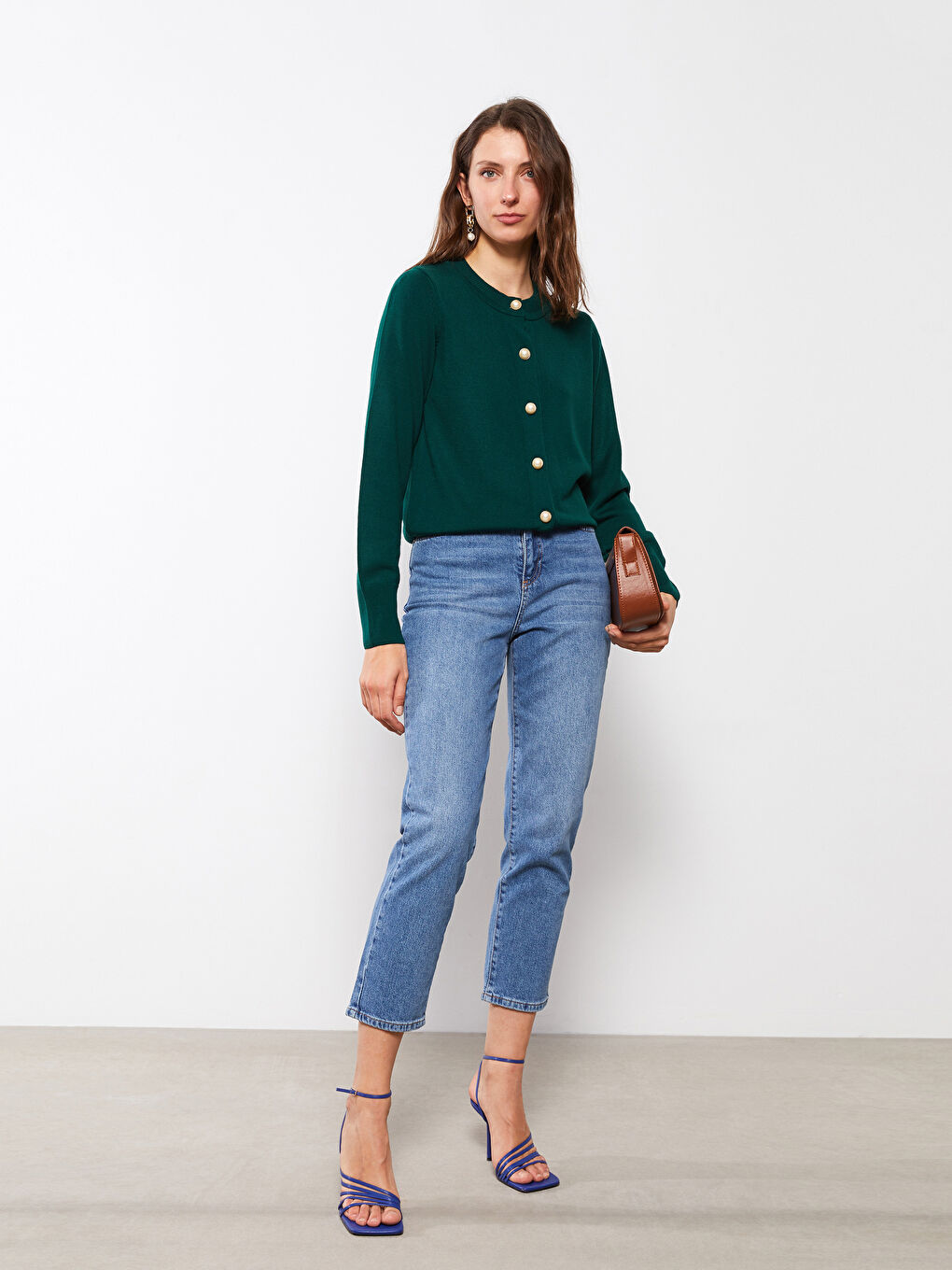 كارديجان تريكو كم طويل سادة بياقة دائرية للسيدات-1