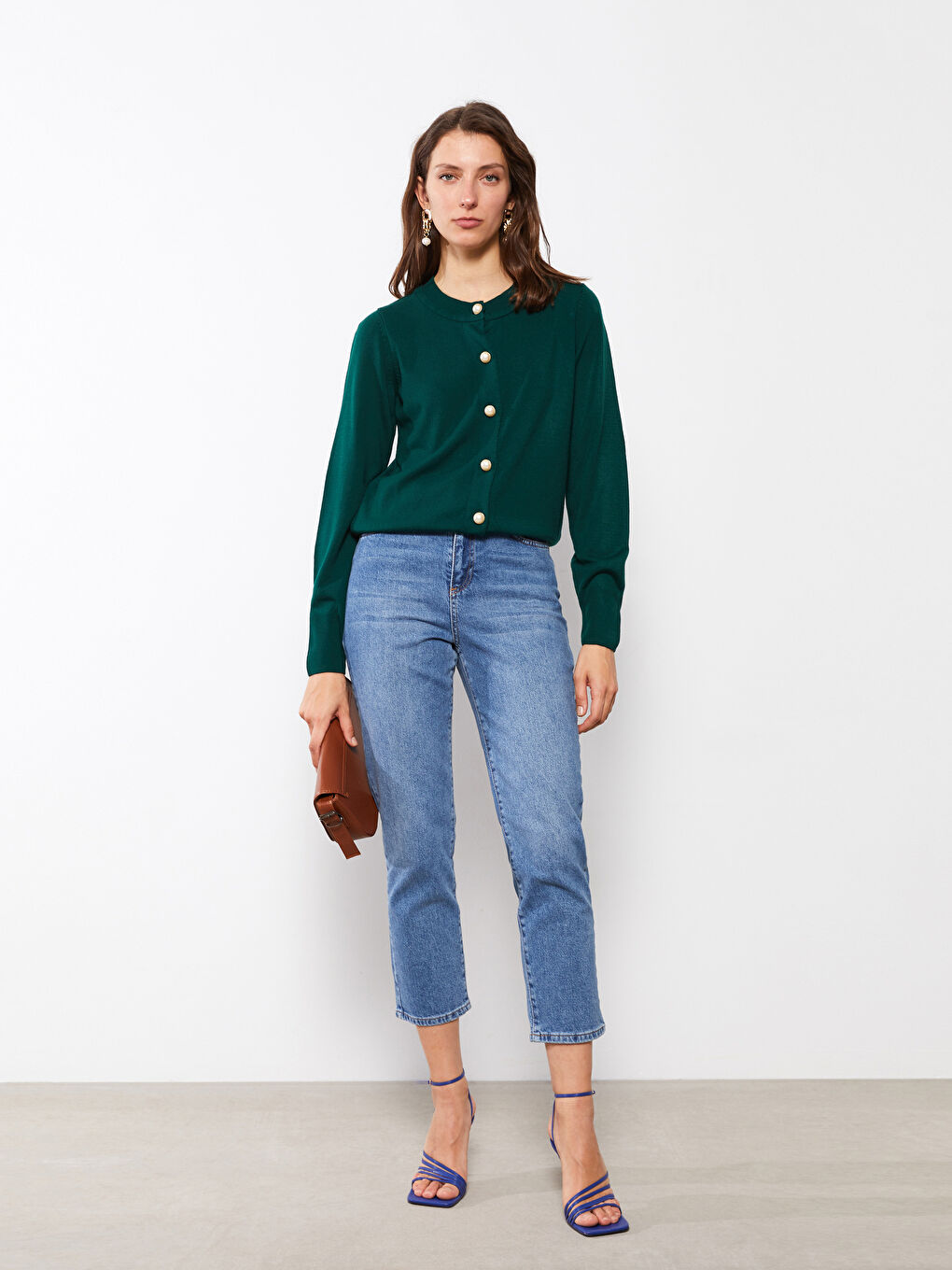 كارديجان تريكو كم طويل سادة بياقة دائرية للسيدات-2