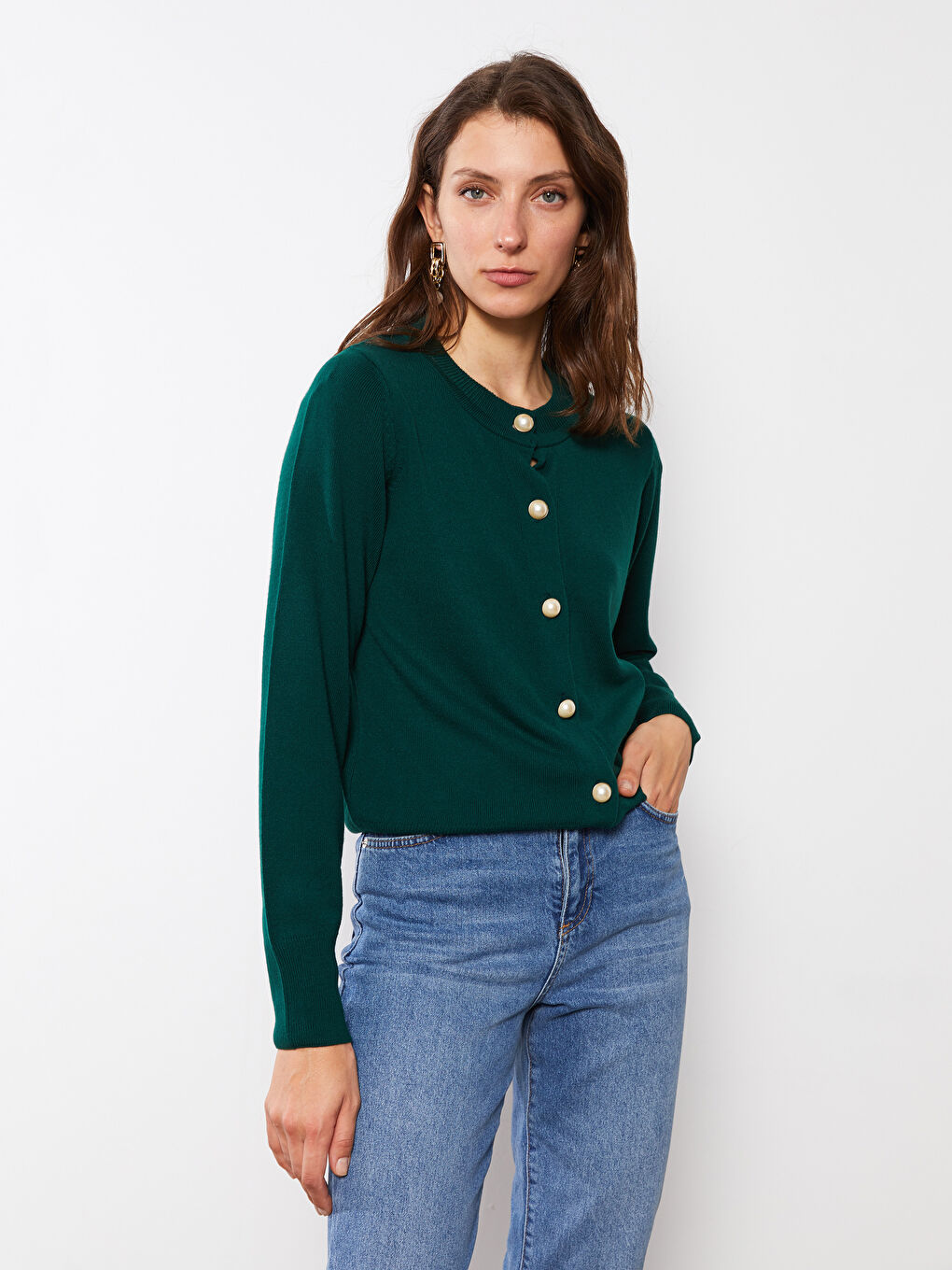 كارديجان تريكو كم طويل سادة بياقة دائرية للسيدات-3