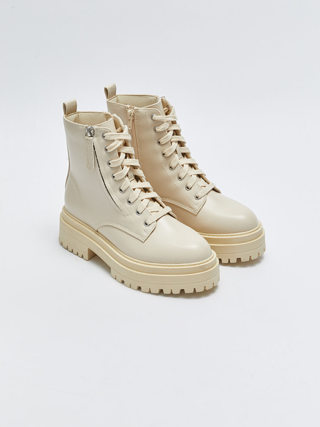 Bottes pour Femmes en Similicuir à Semelle Épaisse avec Lacets et Fermeture Éclair