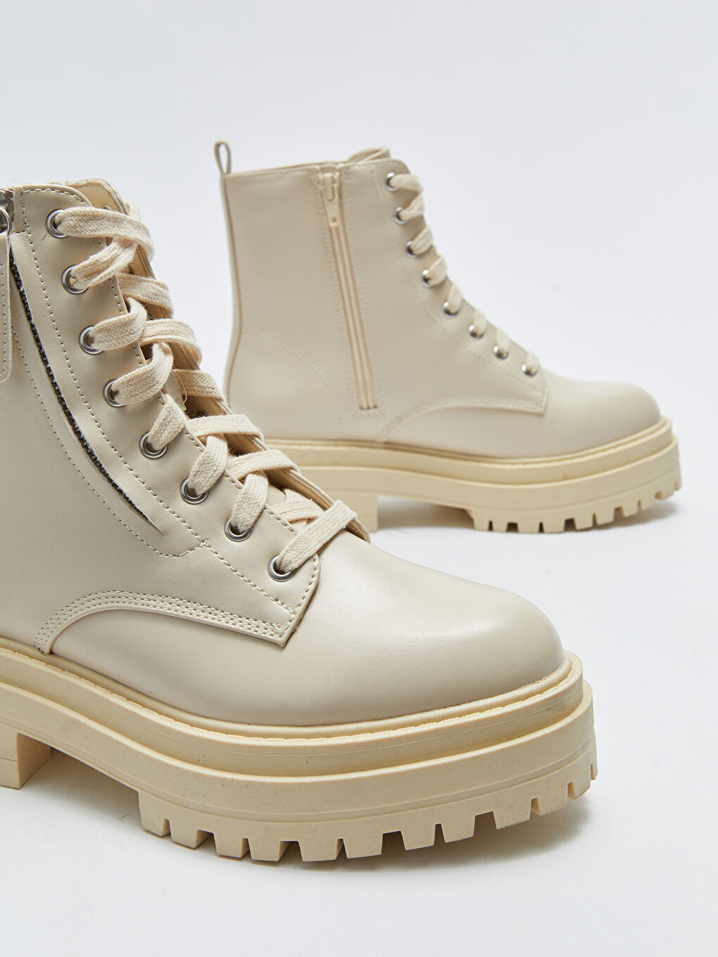 Bottes pour Femmes en Similicuir à Semelle Épaisse avec Lacets et Fermeture Éclair-2