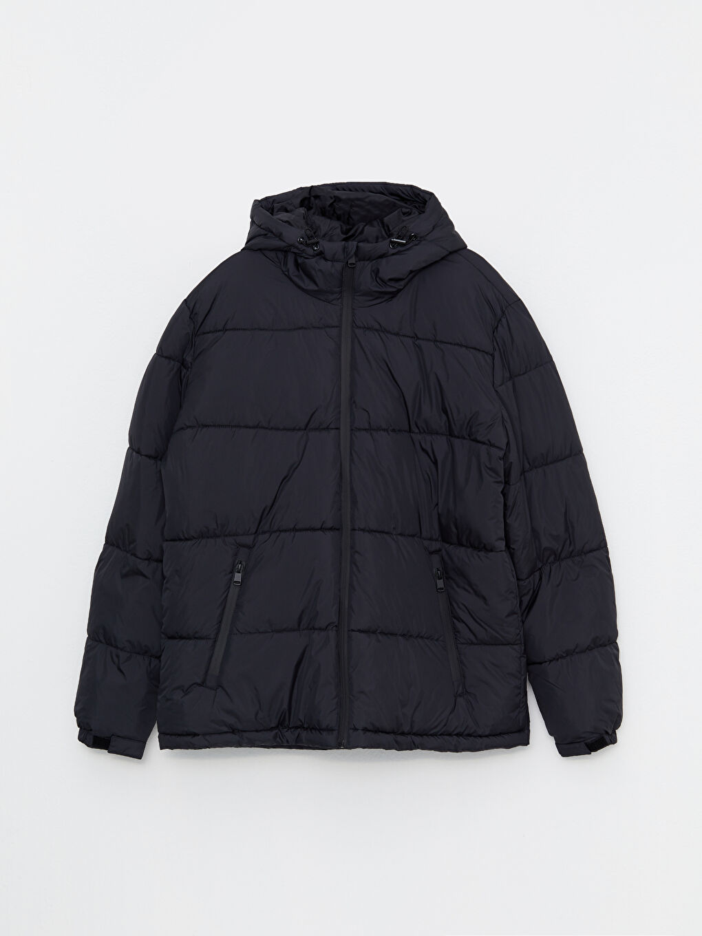 Siyah Standart Kalıp Kapüşonlu Erkek Şişme Mont-5