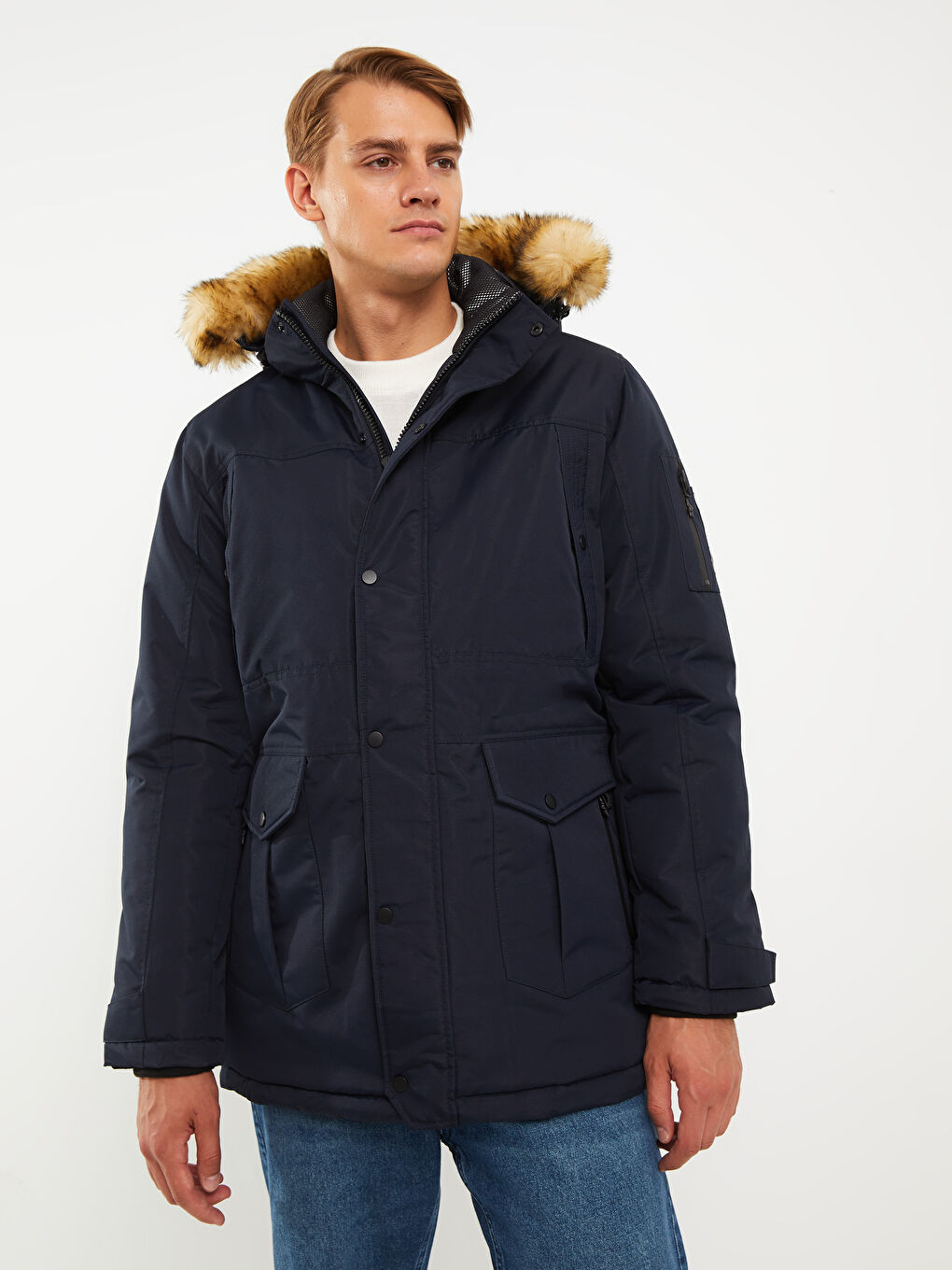 Lacivert Standart Kalıp Kapüşonlu Erkek Parka