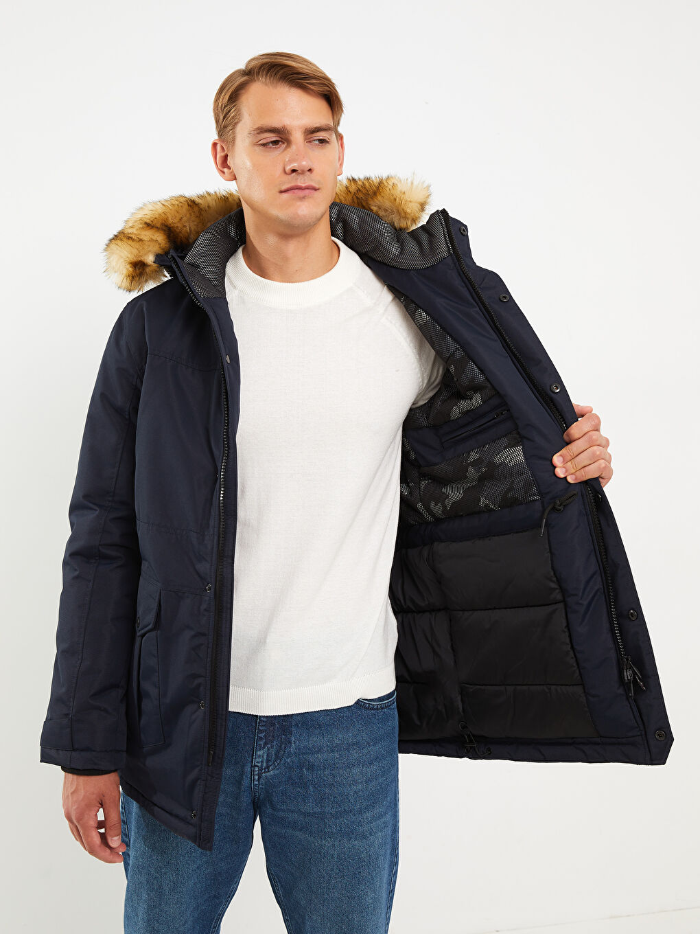 Lacivert Standart Kalıp Kapüşonlu Erkek Parka-2