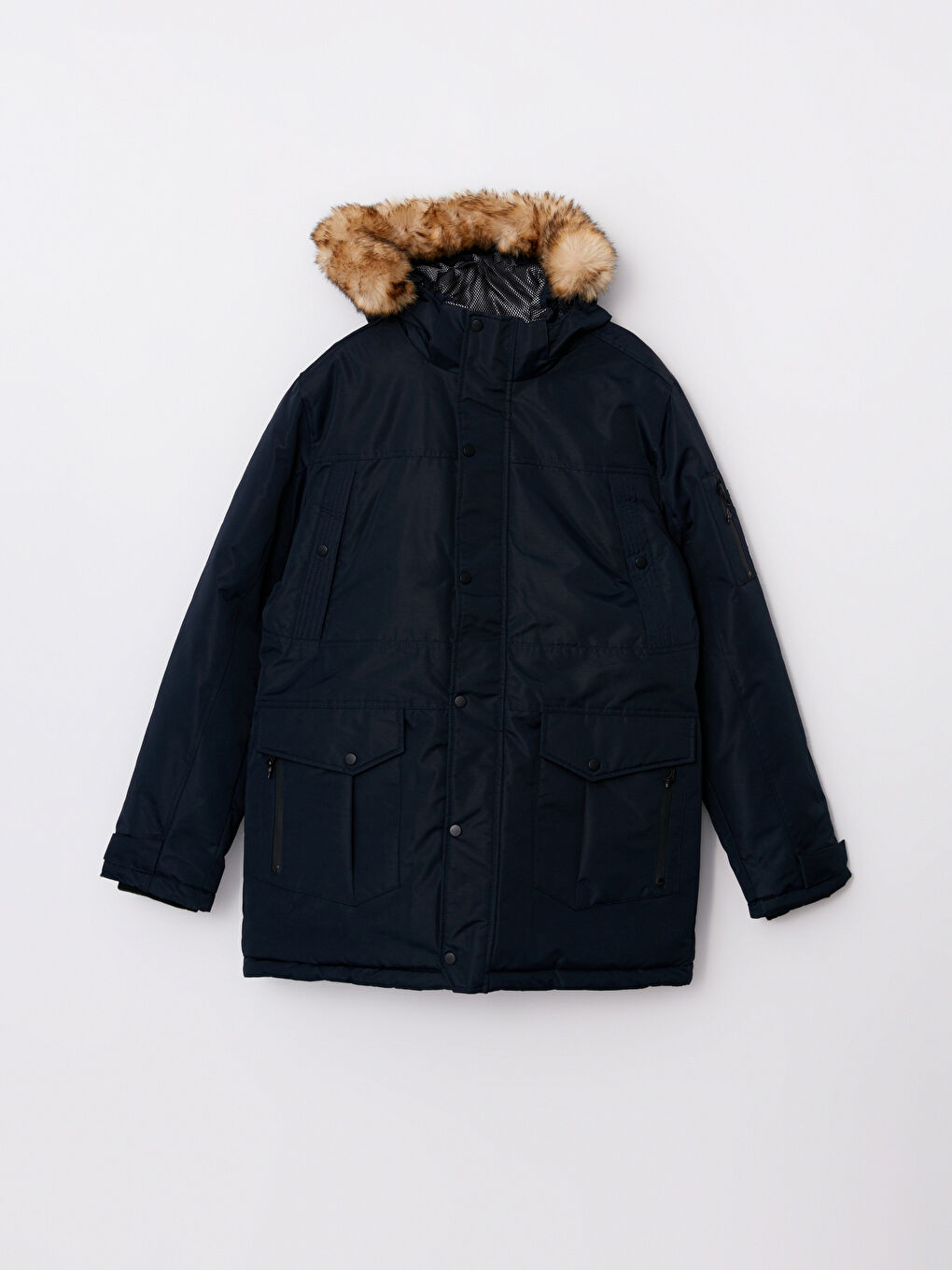 Lacivert Standart Kalıp Kapüşonlu Erkek Parka-5